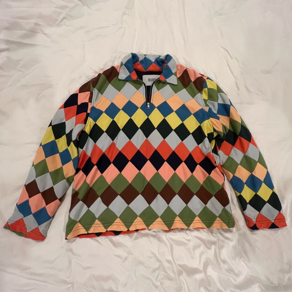 Red and Green Zip Up Sweater with Diamond Pattern